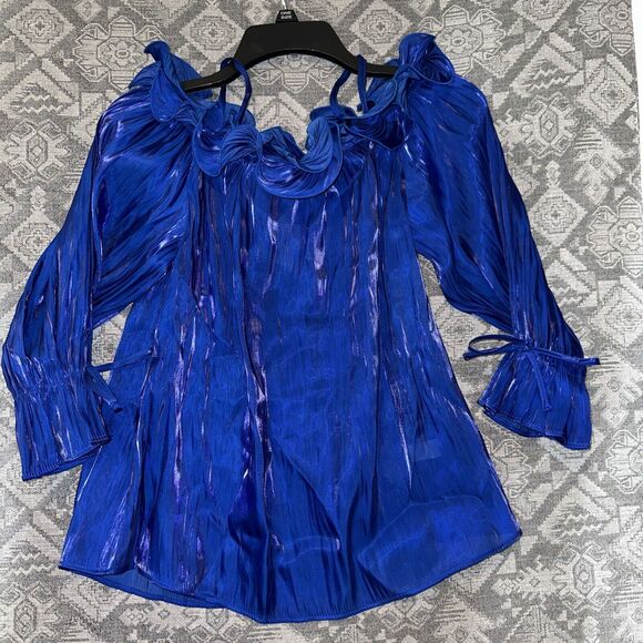 Cato Women’s Royal Blue Shimmer Ruffle Blouse Small NWT - Picture 1 of 10